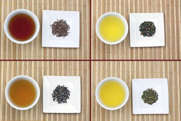 Collage showing hojicha, genmaicha, bancha and konacha green teas