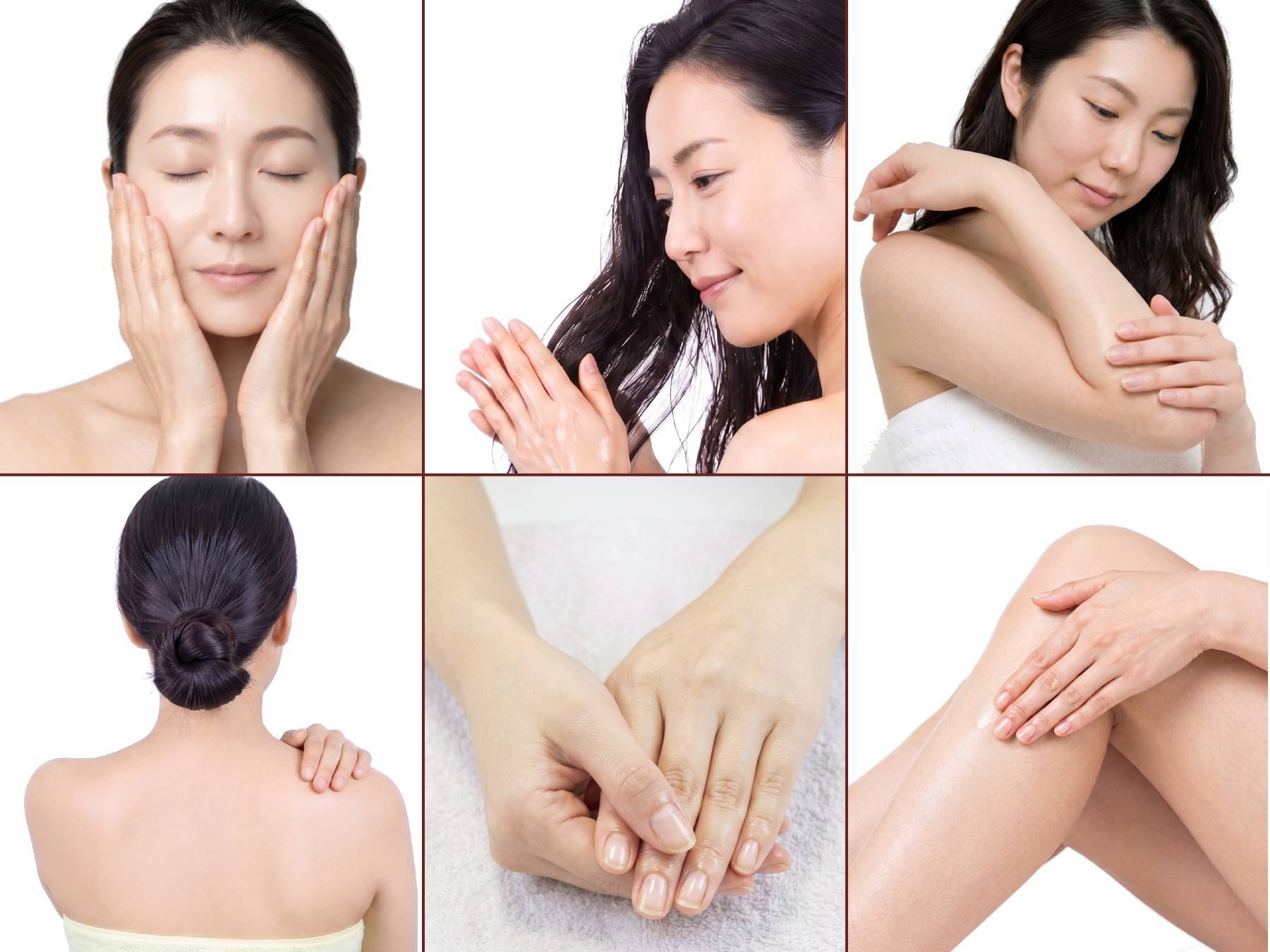 How to Use Japanese Camellia Oil For Skin & Hair Care Collage of women using Japanese Camellia oil for skin, body and hair care