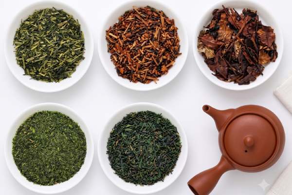 Japanese green tea varieties shown with a kyusu teapot